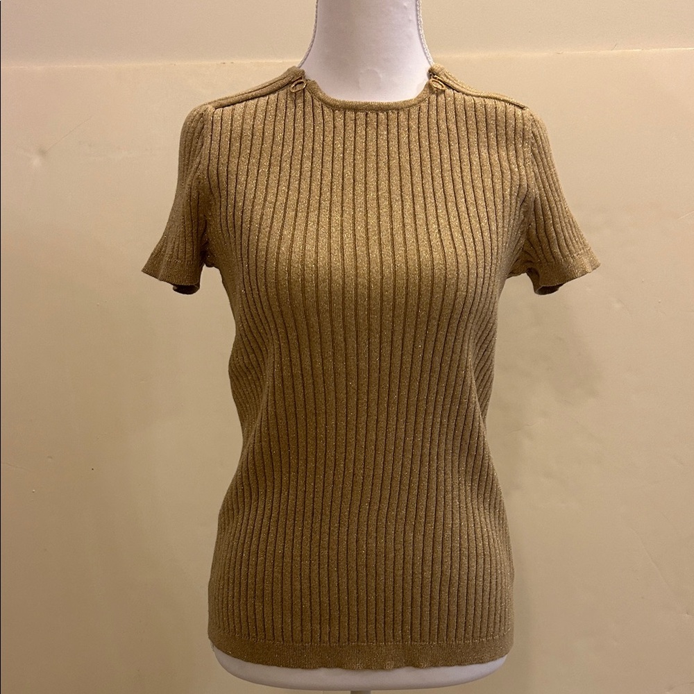 Lauren Ralph Lauren Metallic Gold Ribbed Short Sleeve Top